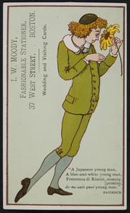 Trade card for I.W. Moody, fashionable stationer, 37 West Street, Boston, Mass., undated