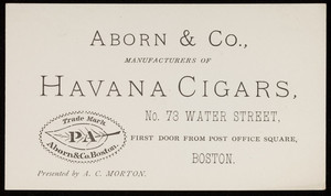 Trade card for Aborn & Co., manufacturers of Havana cigars, No. 73 Water Street, Boston, Mass., undated