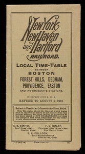 New York New Haven and Hartford Railroad local time-table between Boston, Forest Hills, Dedham, Providence, Easton and intermediate stations, revised to August 4, 1912