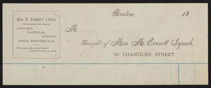 Billhead for Mrs. M. Everett Lynch, costumes, mantillas, bonnets, bridal trousseaux, 69 Chandler Street, Boston, Mass., ca. 1800
