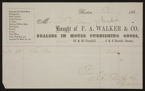 Billhead for F.A. Walker & Co., dealers in house furnishing goods, 83 & 85 Cornhill, 6 & 8 Brattle Street, Boston, Mass., dated December 1, 1864