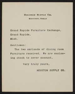 Card for the Houston Supply Co., furniture, Houston, Texas, undated