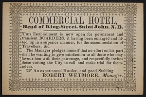 Trade card for Commercial Hotel, head of King Street, Saint John, New Brunswick, undated