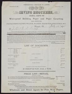Confidential circular to agents, Irving Brothers, general agents for waterproof building paper and paper carpeting, Brandon, Vermont, dated July 14, 1875