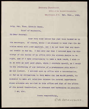 [Charles] H. Mansur to Thomas Lincoln Casey, December 21, 1893