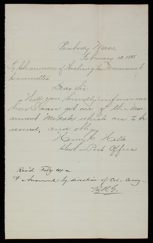 Henry Hill to Chairman of Washington Monument Committee, Febraury 12, 1885