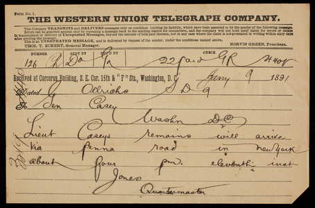 Jones to Thomas Lincoln Casey, January 9, 1891, telegram