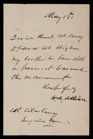 W. B. Allwin to Thomas Lincoln Casey, May 15, 1885