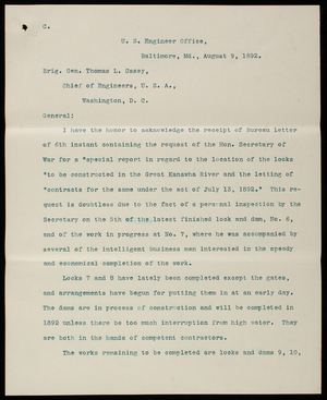 [William] P. Craighill to Thomas Lincoln Casey, copy; August 9, 1892