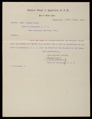 [William] R. King to Thomas Lincoln Casey, April 13, 1888