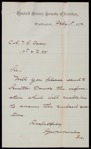 Senator Dawes to Thomas Lincoln Casey, February 1, 1879