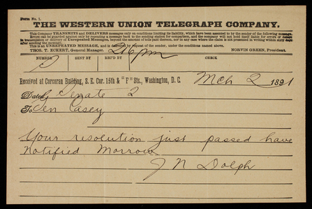 Senator [Joseph] N. Dolph to Thomas Lincoln Casey, March 2, 1891, telegram