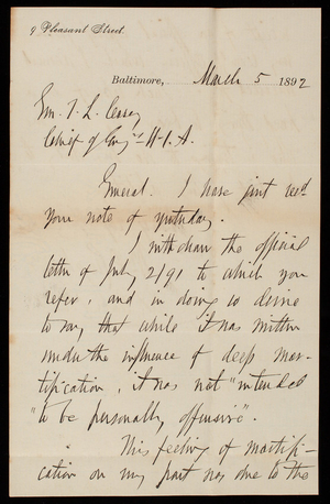 [William] P. Craighill to Thomas Lincoln Casey, March 5, 1892