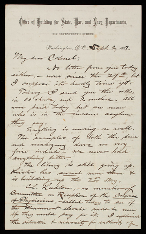 Bernard R. Green to Thomas Lincoln Casey, September 2, 1887