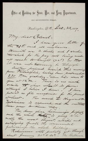 Bernard R. Green to Thomas Lincoln Casey, December 22, 1887