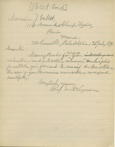 Letter from Benjamin Smith Lyman to Jospeh Vallot