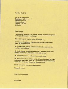 Letter from Mark H. McCormack to Ronald Hadingham