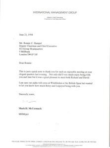 Letter from Mark H. McCormack to Ronnie C. Hampel