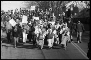 Buddhist monks leading protesters marching in the streets outside the Electric Boat plant to oppose the launch of the Trident II submarine, Tennessee