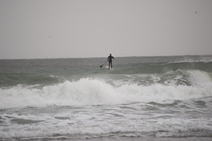 Surfer with a paddle, riding a wave