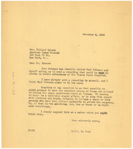 Letter from W. E. B. Du Bois to U. S. Sponsoring Committee for Congress of the Peoples for Peace