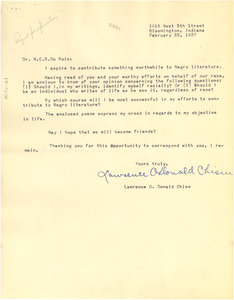 Letter from Lawrence O. Donald Chism to W. E. B. Du Bois