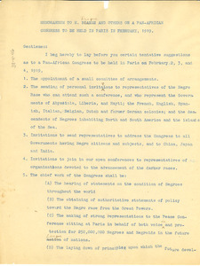 Memorandum from W. E. B. Du Bois to M. Diagne and others on a pan-african congress to be held in Paris in February, 1919
