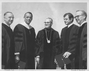 John W. Lederle outside with Walter Cronkite, Gov. Francis Sargent, Sen. Edward M. Kennedy, and Howard W. Johnson.