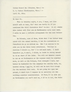 Transcript of letter from Sydney Howard Gay to Erasmus Darwin Hudson