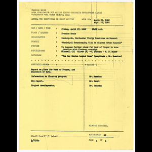 Agenda, minutes and attendance list for Roxbury-North Dorchester Clergy Committee on Renewal meeting on April 27, 1962