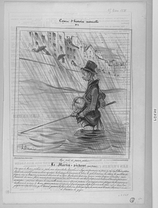 Ayez pitié du pauvre pêcheur! Le Martin-pêcheur (sur Seine) Cette espèce de Martin-pêcher ne pêche rien du tout. Au lieu de se plaire à voltiger et à poursuivre sa proie en zig-zag, le Martin-pêcheur bipêde reste immobile comme une borne aquatique les bruits qui l’environnent, la pluie, la grêle le tonnerre, les éclairs, les quolibets des passans, rien ne l’émeut rien ne saurait le détourner de sa ligne. Quelquefois, après une journée entière d’attente il finit par sentir l’extrémité du roseau fléchir sous un poids inacoutumé, son œil s’anime, son cœur bondit d’espoir et de bonheur, il tire avec précaution et ramène… un vieux chauson ou une vieille savate, mais à défaut de poissons, il est toujours certain d’attraper des rhumatismes ou des fluxions de poitrine. Le Martin-pêcheur, stationne d’ordinaire le long des quais, par le froid, le vent et la pluie, enfoncé dans l’eau jusqu’à mi-corps ; c’est ainsi qu’il descend gaiement le fleuve de la vie. Et, alors qu’enfin la mort vient le saisir, il se prend à douter de l’existence du goujon.