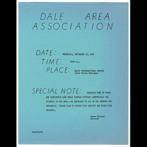 Flier for Dale Area Association meeting to be held September 18, 1963