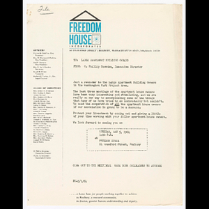 Letter from Otto Snowden to Large Apartment Building Owners (LAB) about meeting to be held May 5, 1964 at Freedom House