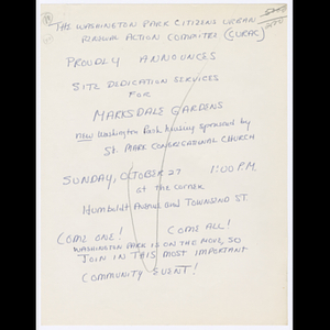 Draft of a flier for Marksdale Gardens site dedication services on October 27, 1963