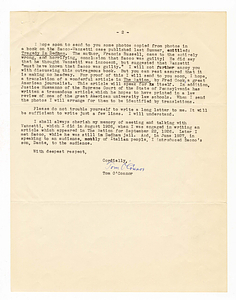 Letter from Tom O'Connor to Vincenzina Vanzetti, December 30, 1962