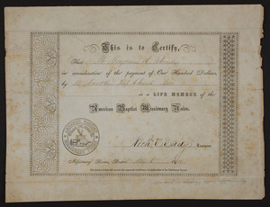 American Baptist Missionary Union membership certificate, 1851