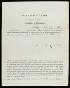 Harvard College certificate of admission for J. R. May