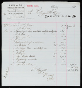 Billhead for Paul & Co., Dr., upholsterers and interior decorators, 239, 241 & 243 Tremont Street, Boston, Mass., dated March 4, 1871
