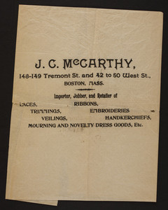 J.C. McCarthy, notions, 148-149 Tremont Street and 42 to 50 West Street, Boston, Mass., undated