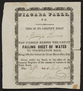 Certificate for Niagara Falls, Niagara Falls, U.C., dated July 29, 1845