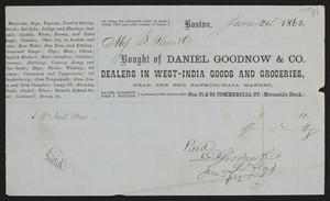 Billhead for Daniel Goodnow & Co., dealers in West-India goods and groceries, Nos. 91 & 93 Commercial Street, Mercantile Block, Boston, Mass., dated June 24, 1862