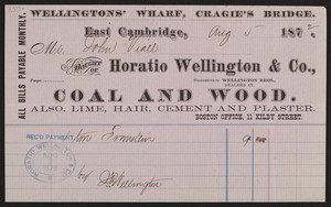 Billhead for Horatio Wellington & Co., dealers in coal and wood, lime, hair, cement and plaster, East Cambridge and 11 Kilby Street, Boston, Mass., dated August 5, 1872