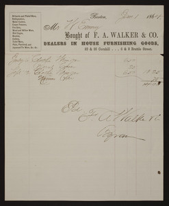Billhead for F.A. Walker & Co., dealers in house furnishing goods, 83 & 95 Cornhill Street and 6 & 8 Brattle Street, Boston, Mass., dated January 1, 1864
