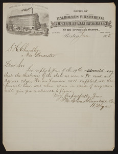 Letterhead for F.M. Holmes Furniture Co., furniture manufacturers, No. 116 Tremont Street, Boston, Mass., dated January, 1885