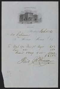 Billhead for the Revere House, hotel, Bowdoin Square, Boston, dated March 15, 1861