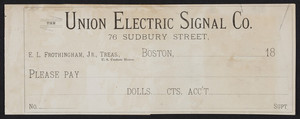 Check for The Union Electric Signal Company, 76 Sudbury Street, Boston, Mass., 1800s