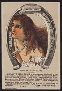 Trade card for Merchant's Gargling Oil Liniment for man & beast, John Hodge, Merchant's Gargling Oil Company, Lockport, New York, undated