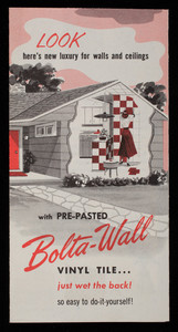 Look, here's new luxury for walls and ceilings with pre-pasted Bolta-Wall vinyl tile, just wet the back! So easy to do-it-yourself! a product of Bolta Products, a division of the General Tire & Rubber Co., Lawrence, Mass.