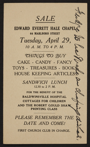 Postcard for the benefit sale at the Edward Everett Hale Chapel, 64 Marlboro Street, Boston, Mass., April 29, 1930