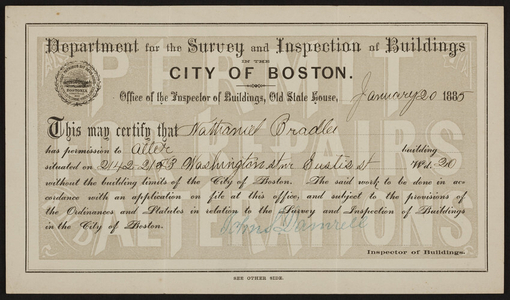 Building permit from the Department for the Survey and Inspection of Buildings, City of Boston, Boston, Mass., dated January 20, 1885